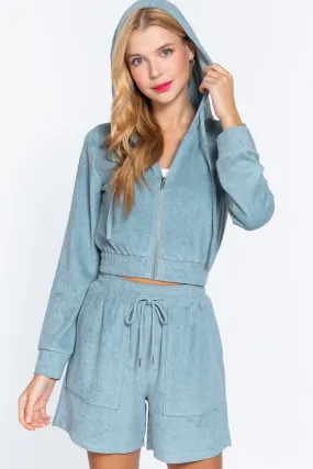 Stone Blue Zip Up Crop Hoodie Terry Towelling Jacket