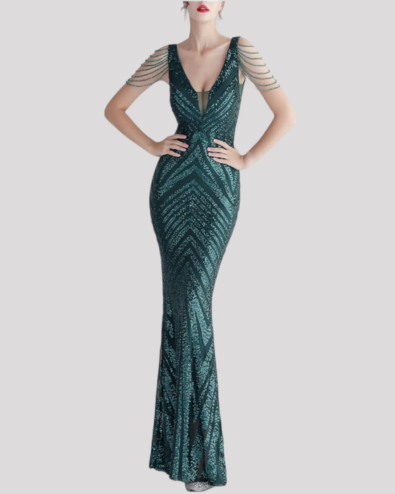 Stunning Mermaid Evening Dress with illusion cut outs and beading draping over shoulders