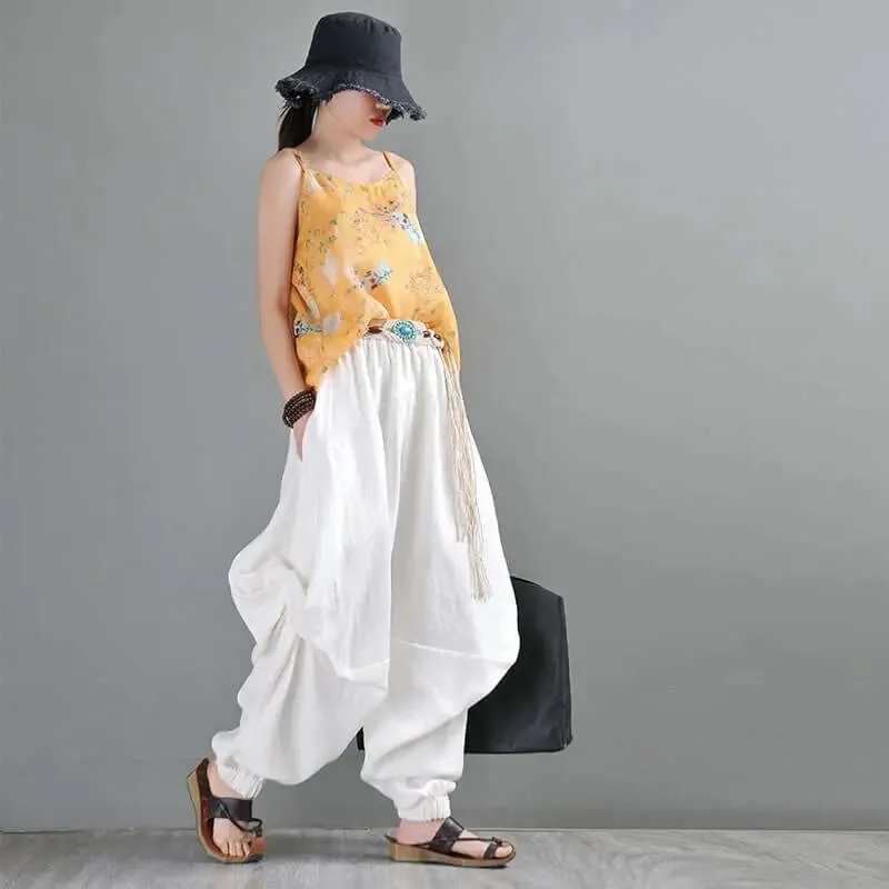 Stylish Bohemian Linen White Harem Pants for Women's Summer