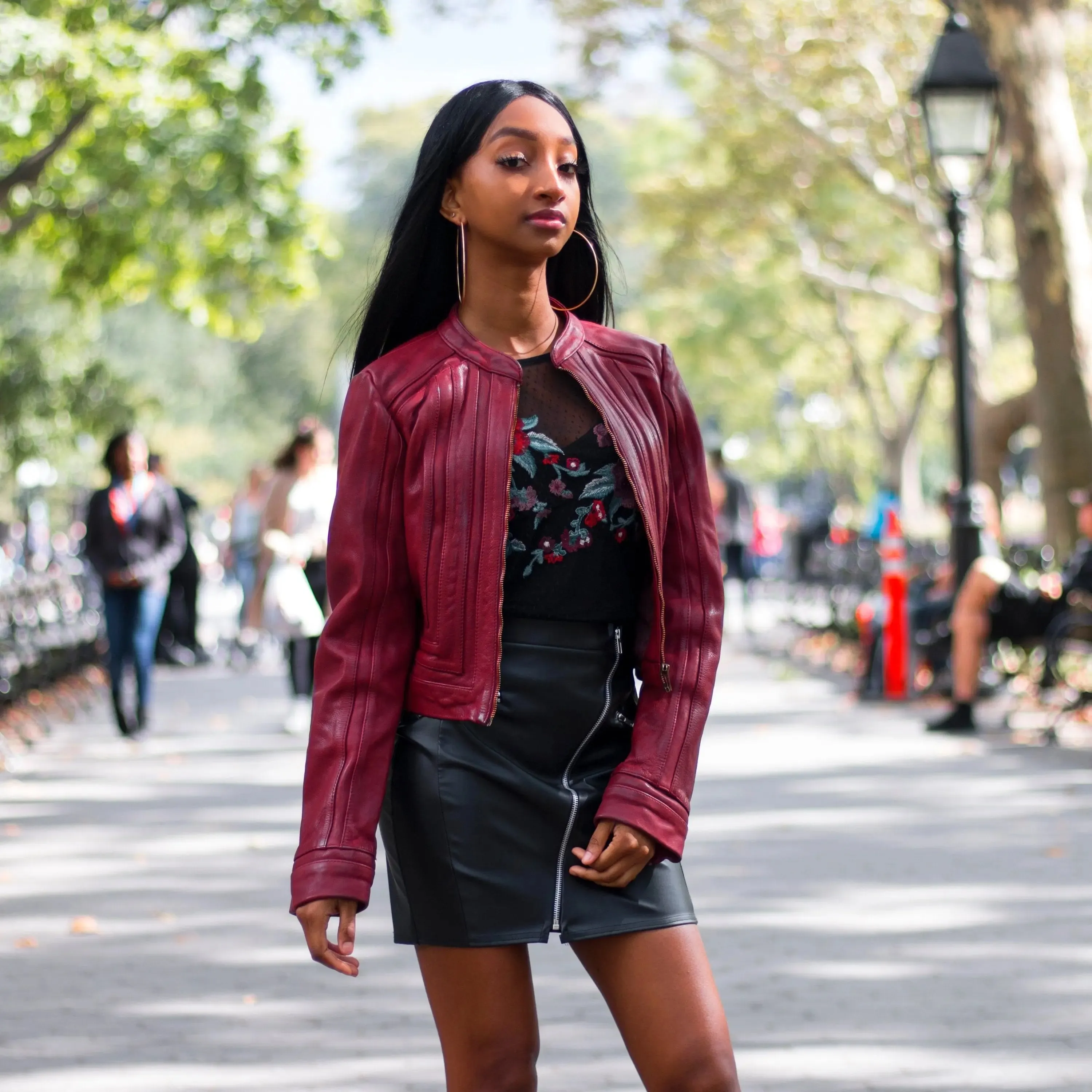 Stylish Oxblood Geometric Cropped Leather Jacket for Women