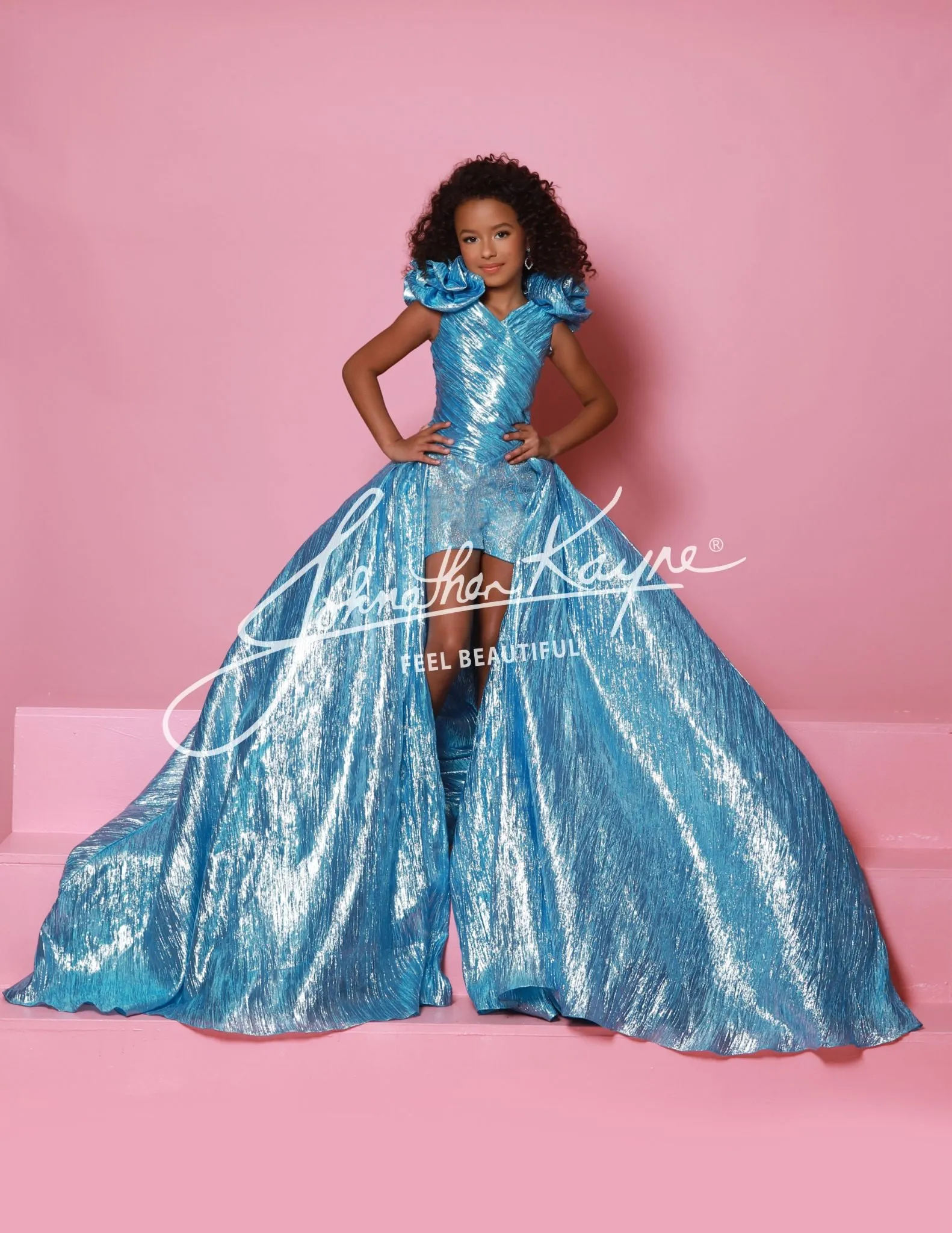 Sugar Kayne C364 Size 2, 8 Aqua Girls Pageant Crystal Romper Metallic Ruffle Shoulders Overskirt Formal