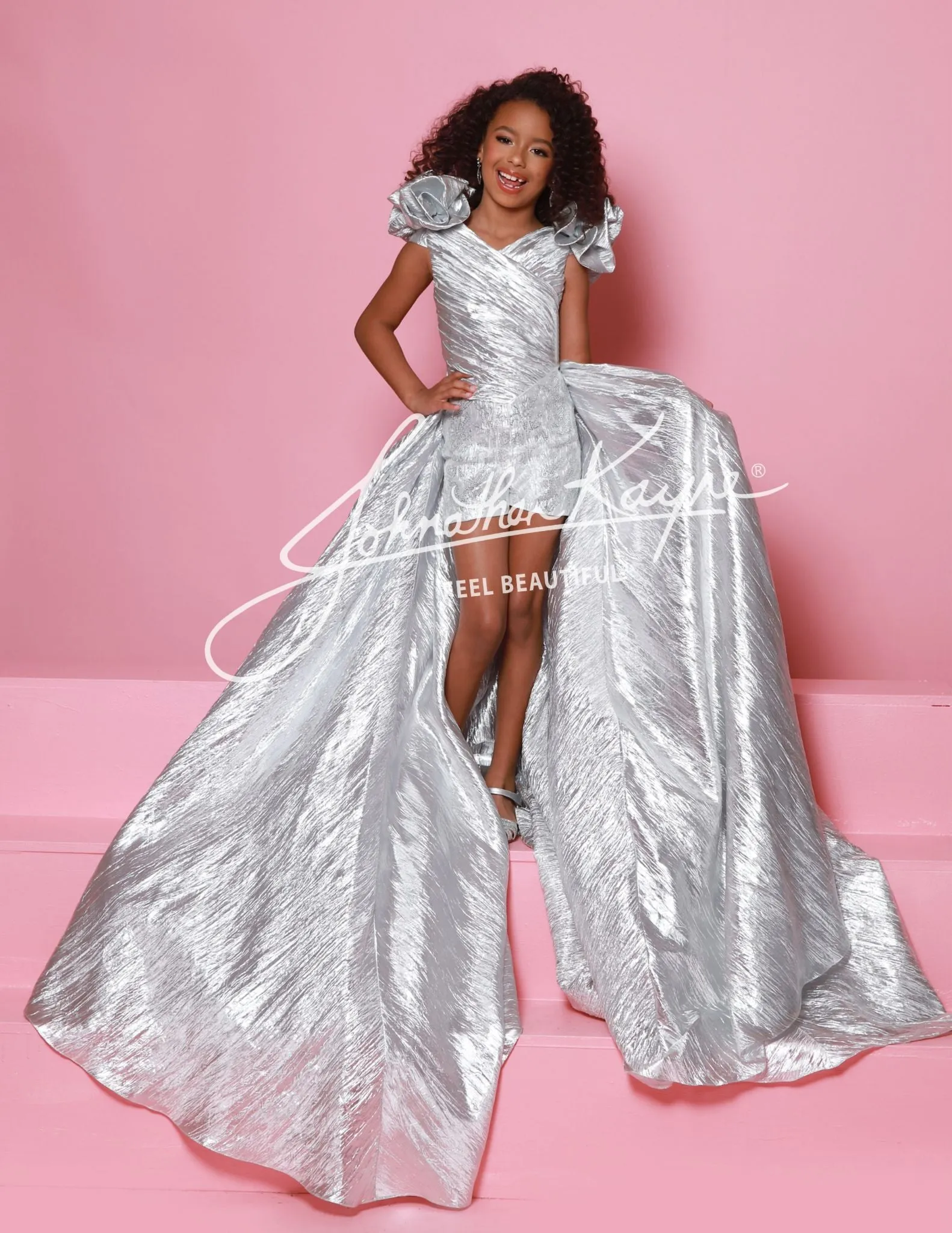 Sugar Kayne C364 Size 2, 8 Aqua Girls Pageant Crystal Romper Metallic Ruffle Shoulders Overskirt Formal