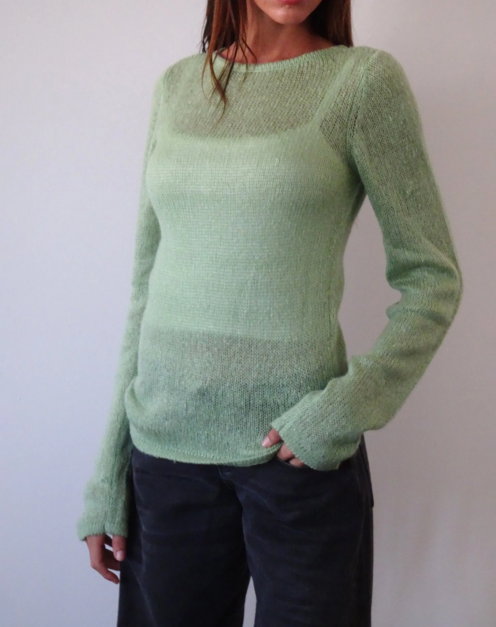 Sukana Long Sleeve Sheer-Knit Top in Light Green