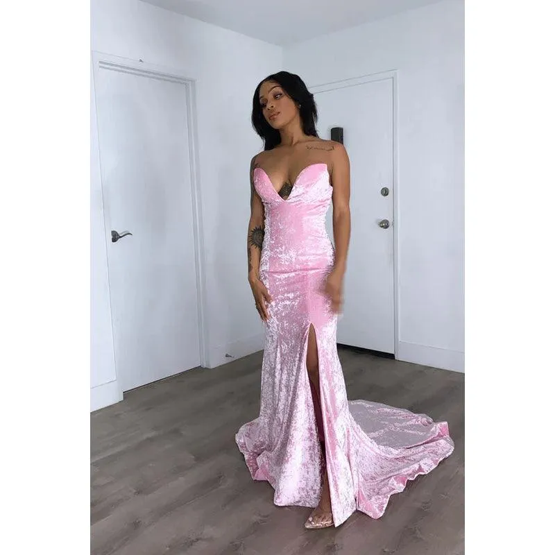Sweetheart Strapless Sleeveless Velvet Sheath Long Prom Evening Dress With Slit