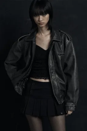 [SYNERJYN] FW 24 VINTAGE LEATHER BOMBER JUMPER BLACK