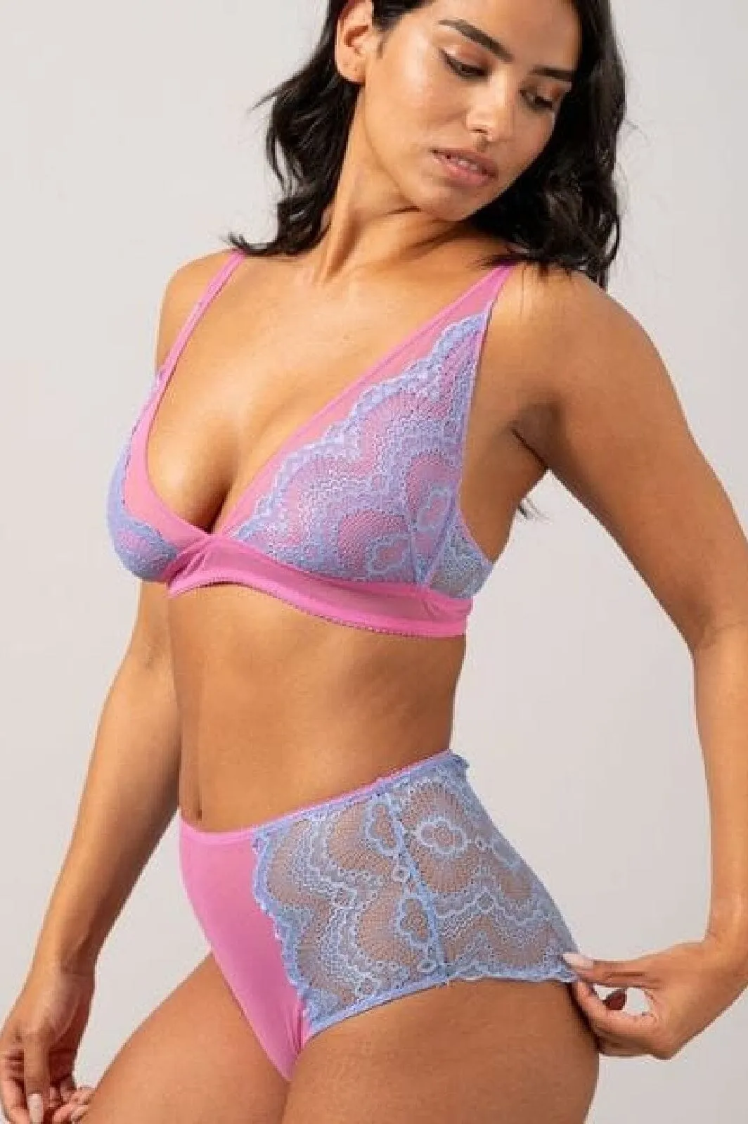 Understatement Underwear - Lace Mesh Highwaist Briefs - Light Blue / Candy Pink