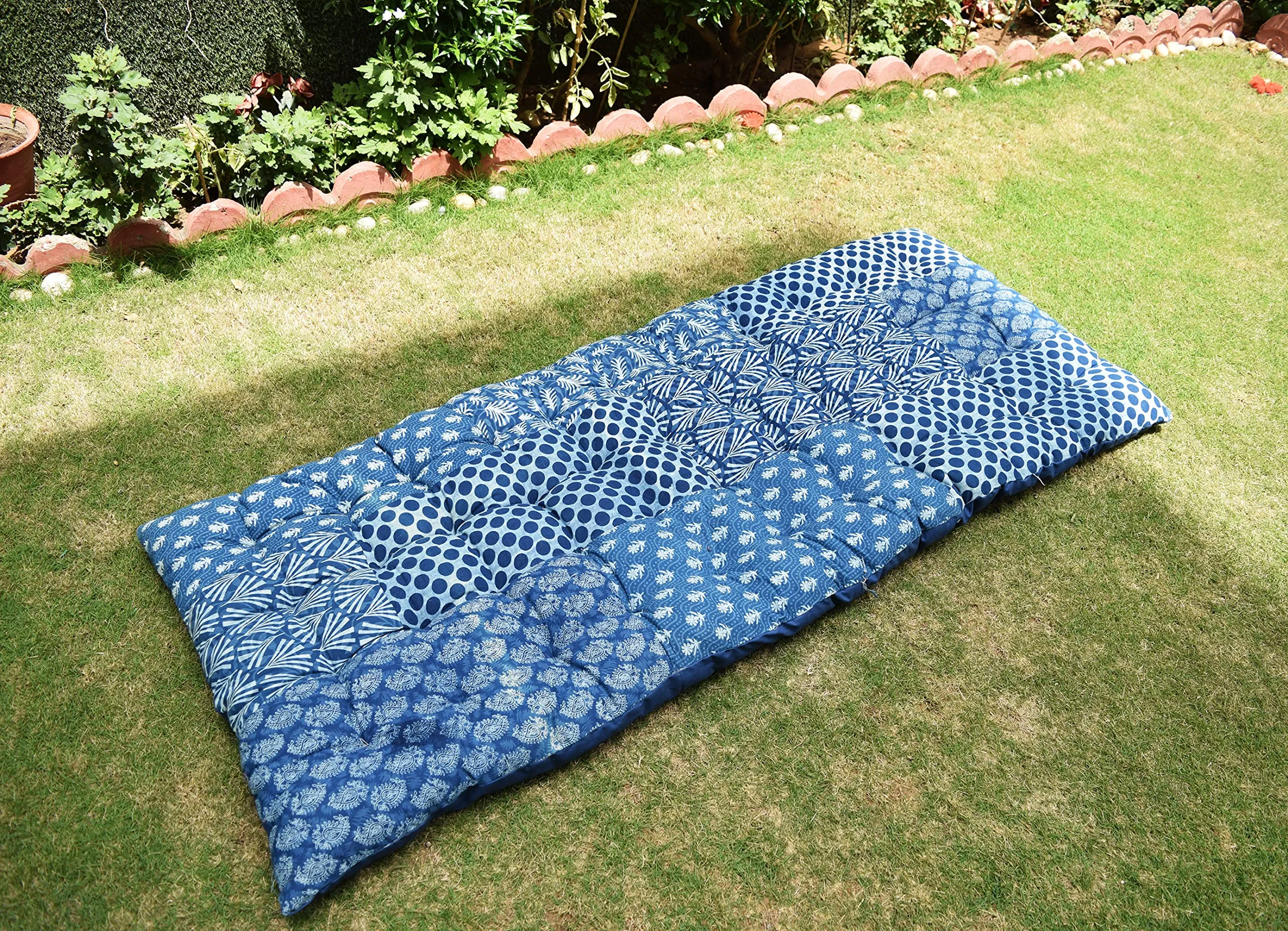 Urban Den Microfibre Indigo Print Soft Cotton Filled Floor Mattress for Outdoor Garden Seating Sleeping, Easy Foldable Floral Solid Indoor Outdoor mat Floor Pillow