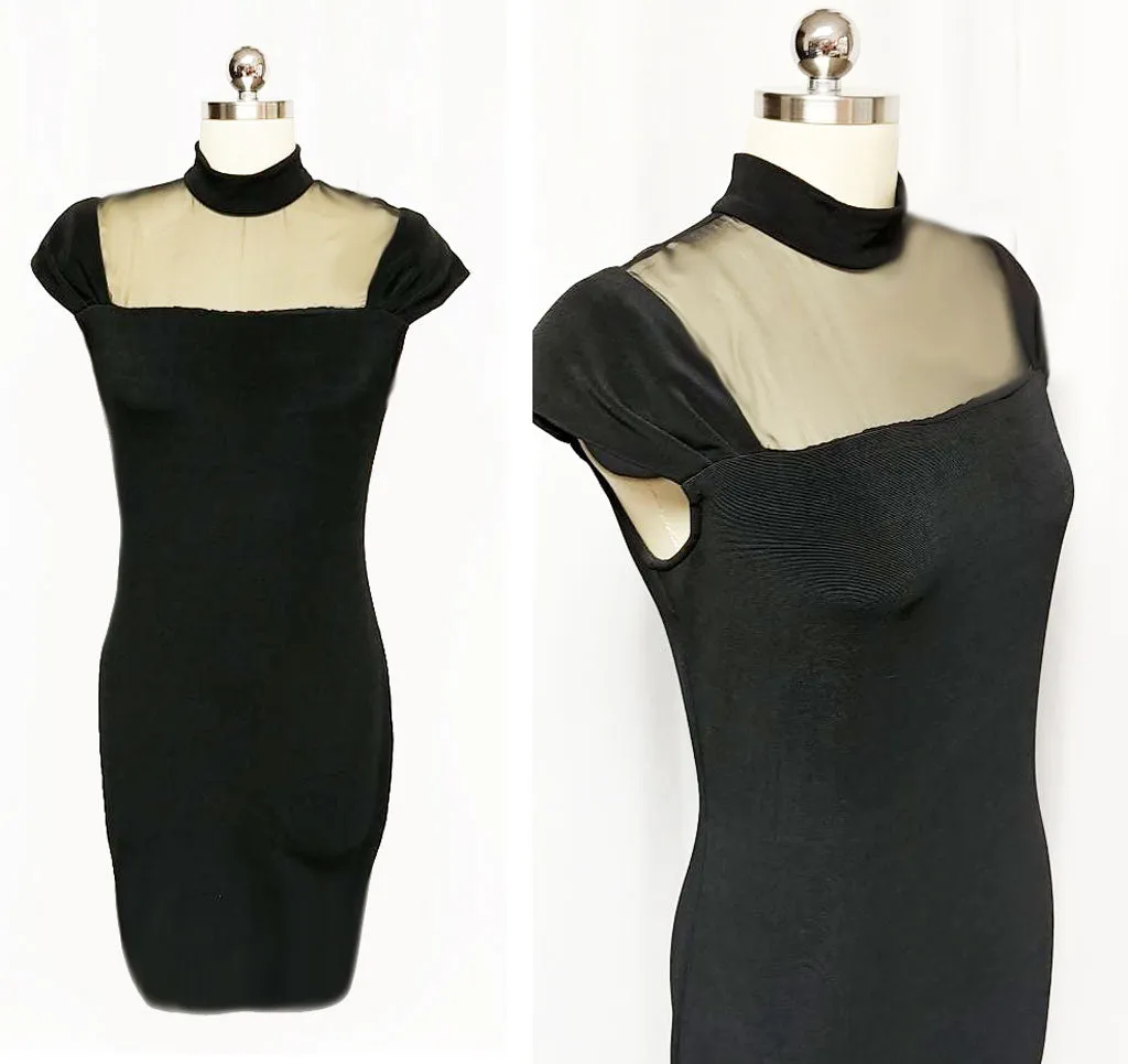 *VINTAGE '80s BLACK SPANDEX ILLUSION COCKTAIL DRESS