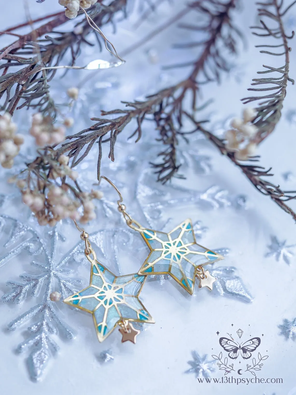 Winter star earrings, dangle drop earrings