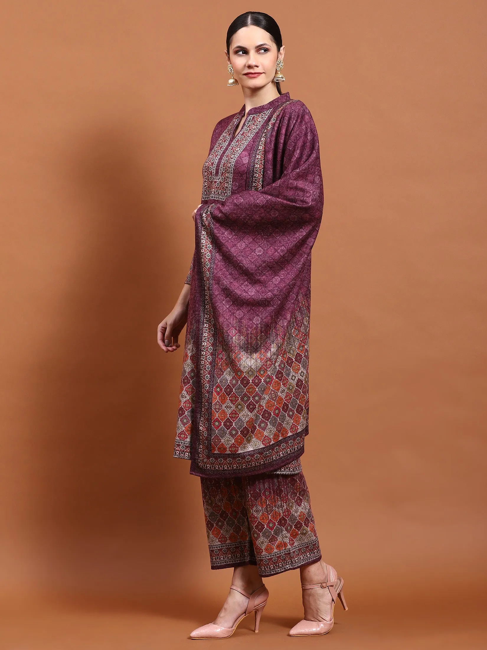 Winter Women Burgundy Printed Kurta Bottom Dupatta