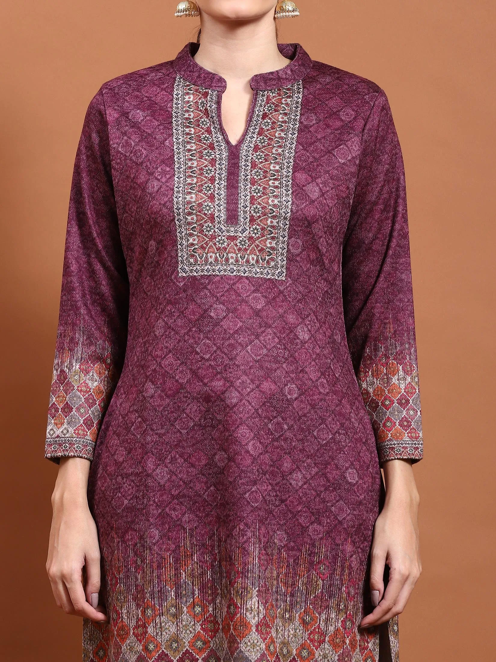 Winter Women Burgundy Printed Kurta Bottom Dupatta