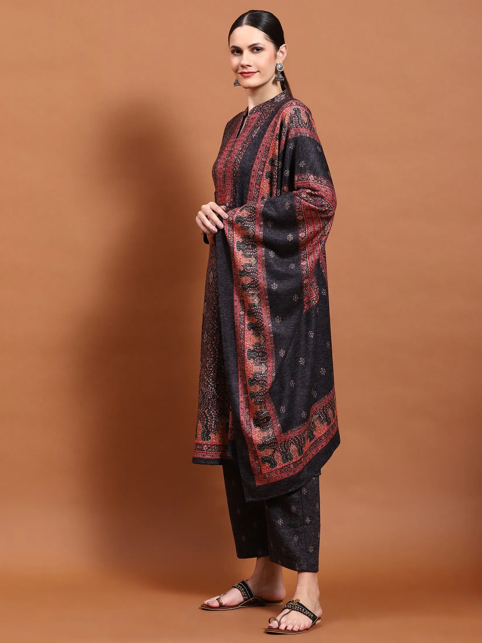 Winter Women Grey Straight Kurta Bottom Dupatta