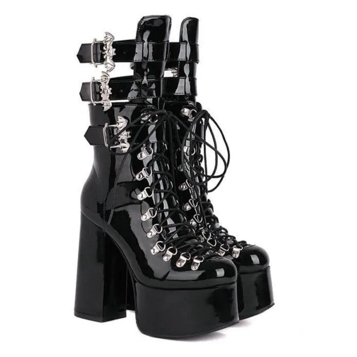 Women buckle strap lace up chunky high heel platform black boots