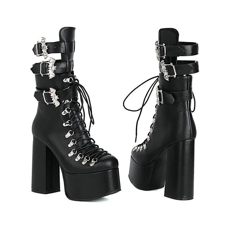 Women buckle strap lace up chunky high heel platform black boots