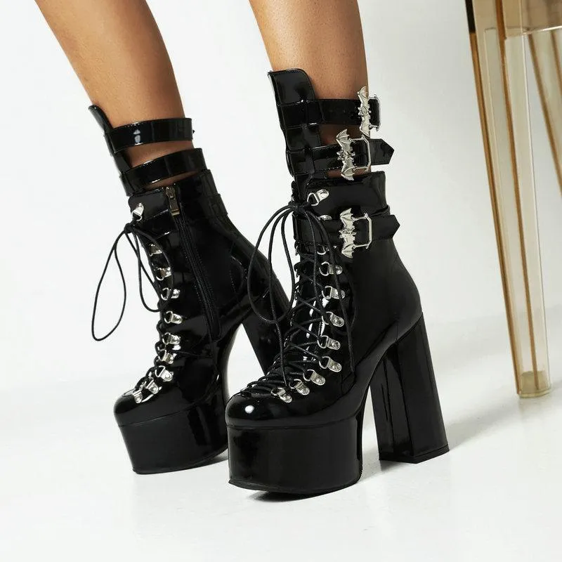 Women buckle strap lace up chunky high heel platform black boots