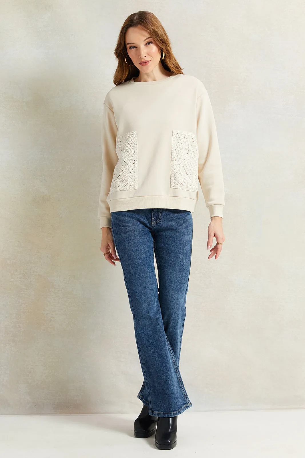 Women Cream Crochet Embroidered Pocket Sweatshirt