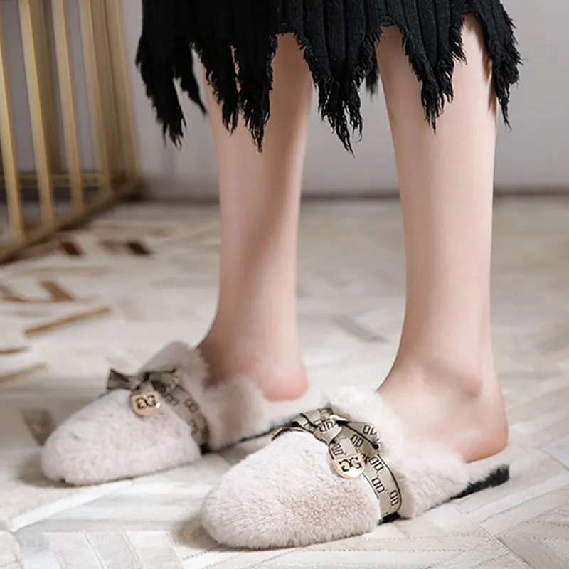 Women Fashion Bowknot Winter Furred Mules