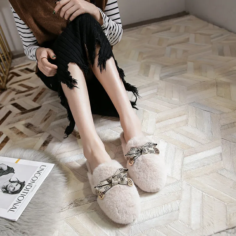 Women Fashion Bowknot Winter Furred Mules