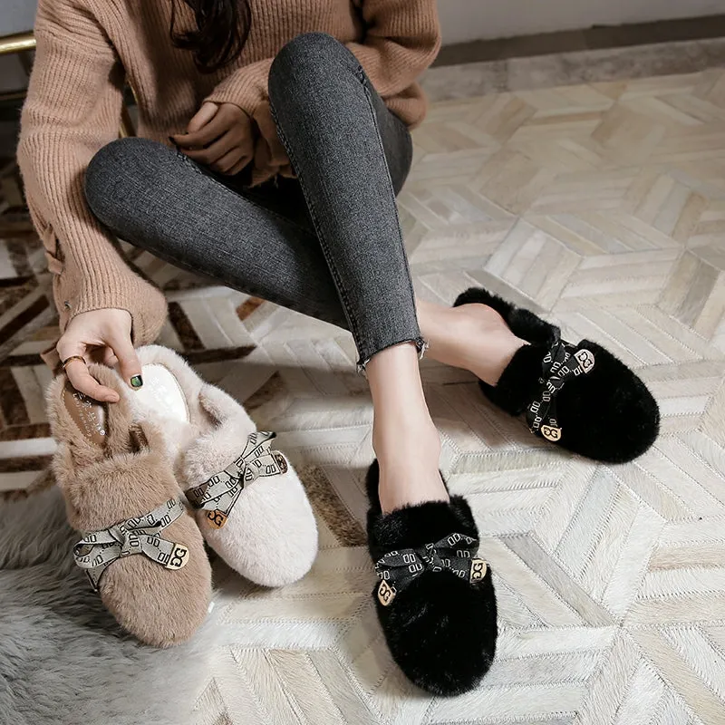 Women Fashion Bowknot Winter Furred Mules