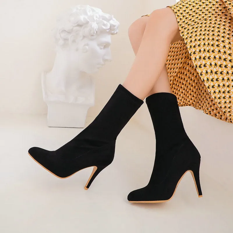 Women mid calf slim fit pointed toe stiletto high heel boots