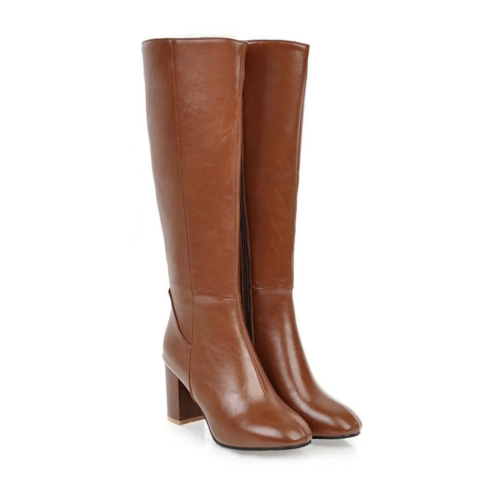 Women solid color side zipper chunky heel knee high boots