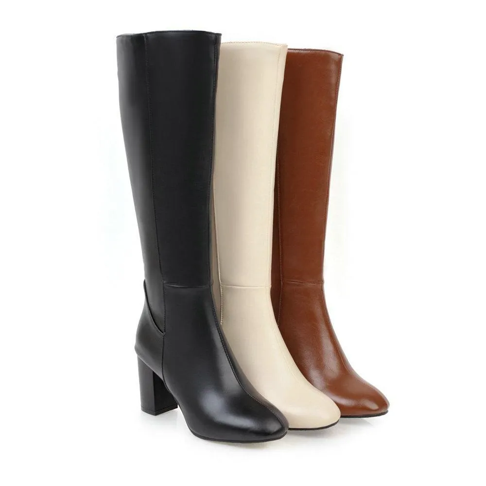 Women solid color side zipper chunky heel knee high boots