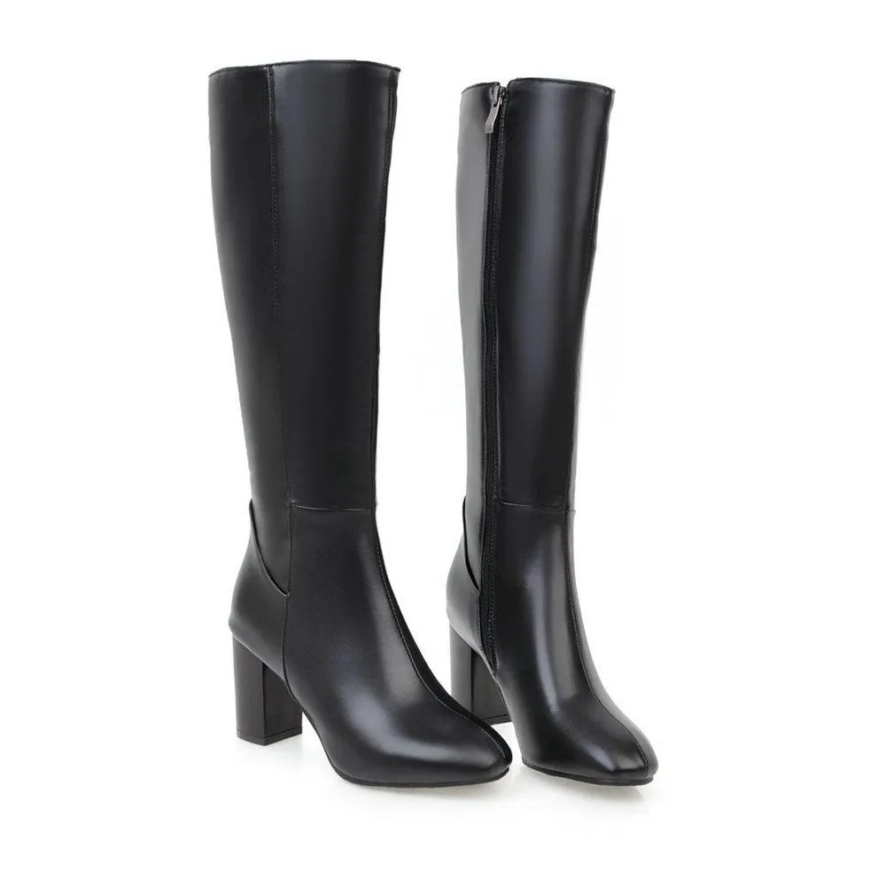 Women solid color side zipper chunky heel knee high boots