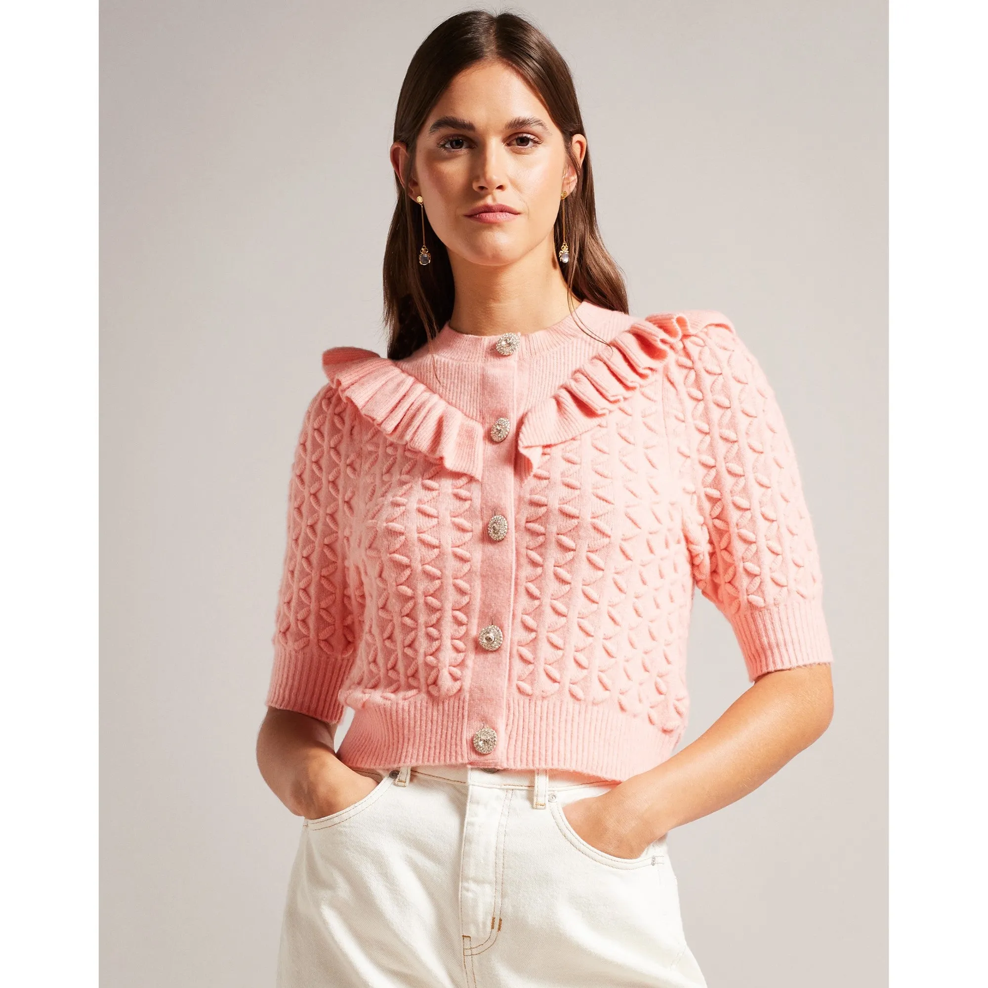 Women Wmk-Haniha-Crew Neck Frill Detail Cardigan - Pink