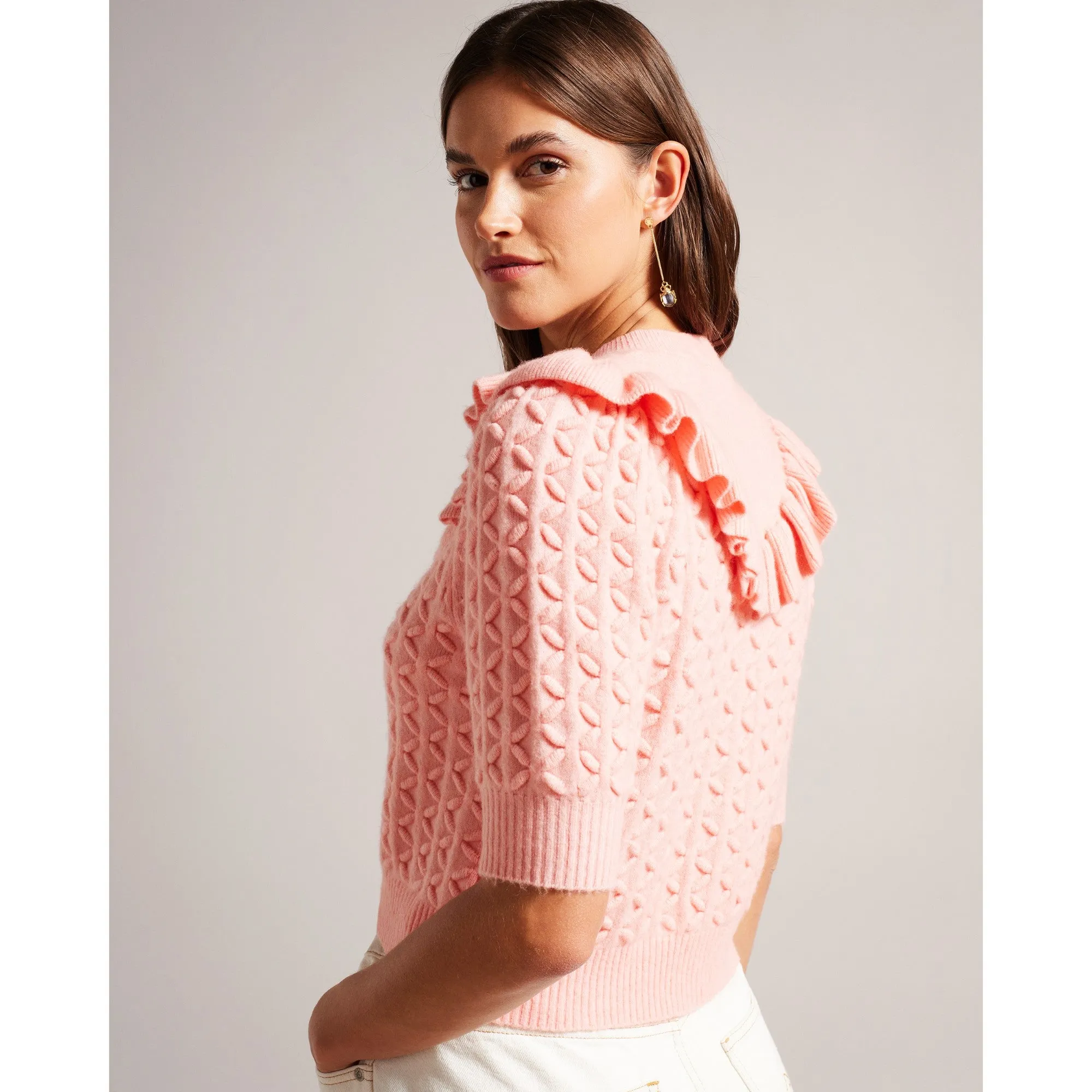 Women Wmk-Haniha-Crew Neck Frill Detail Cardigan - Pink