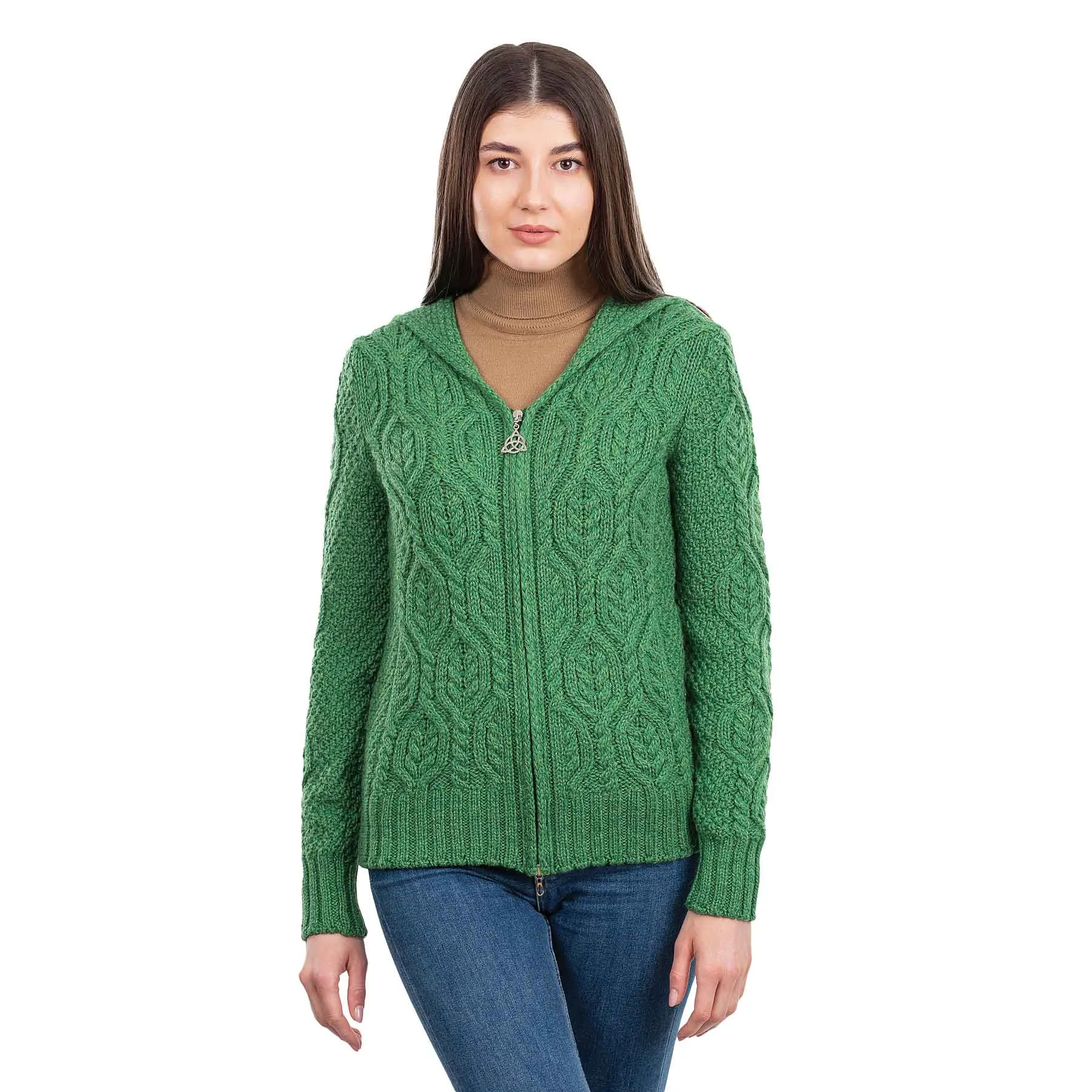 Women's Aran Knit Double Collar Zipped Cardigan, Green