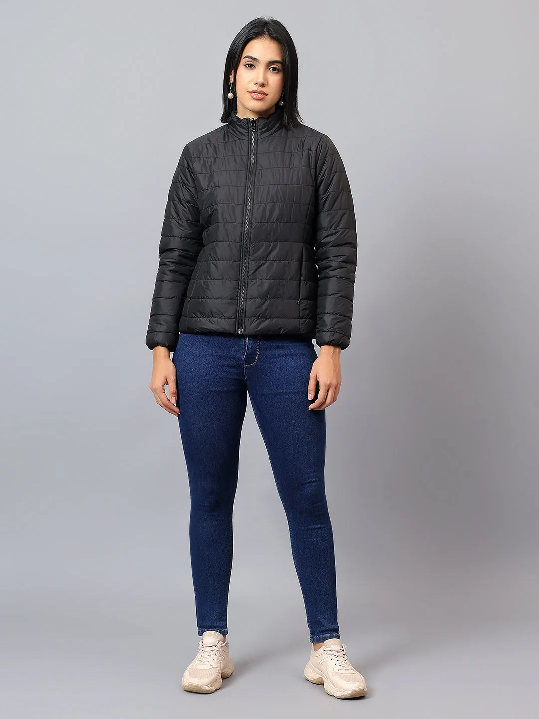 Women's Black and Blue Solid Reversible Winter Jacket