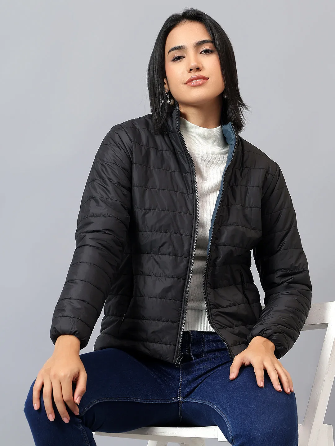 Women's Black and Blue Solid Reversible Winter Jacket