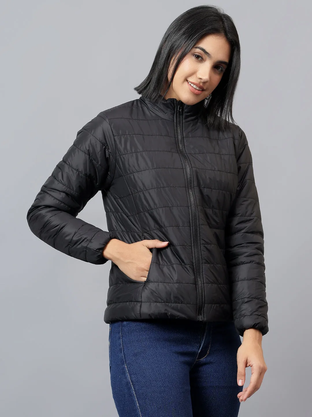 Women's Black and Blue Solid Reversible Winter Jacket