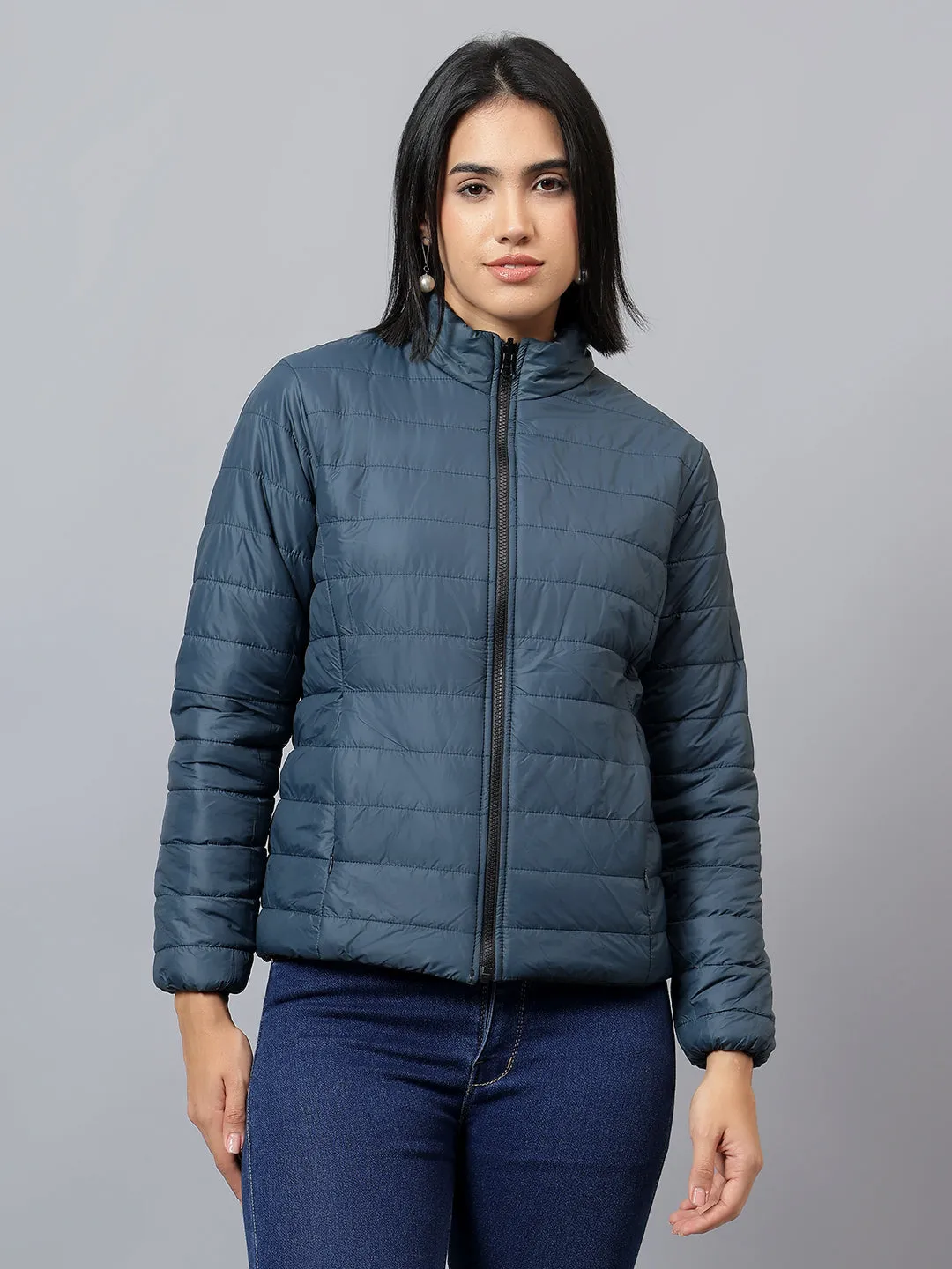 Women's Black and Blue Solid Reversible Winter Jacket