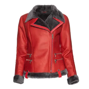 Women's Spanish Merino Faux Shearling Red Leather Jacket