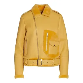 Women's Yellow Faux Shearling Leather Jacket