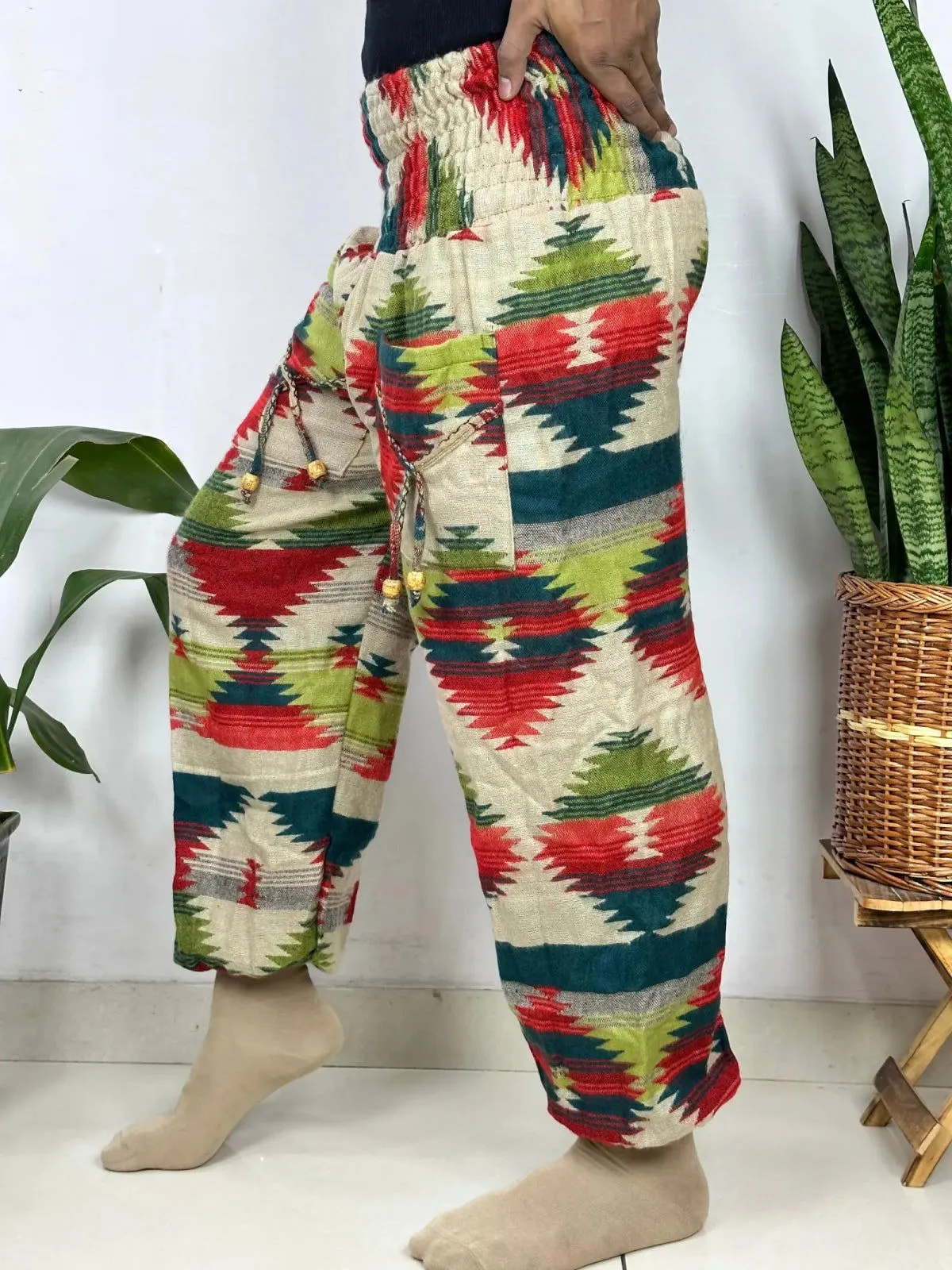 Yak Wool Blend Boho Unisex Hareem Pant Aztec Geometric Non Itchy Warm Panama Hippie Tribal Comfy Hand Stitched Leisure Yoga Loungewear