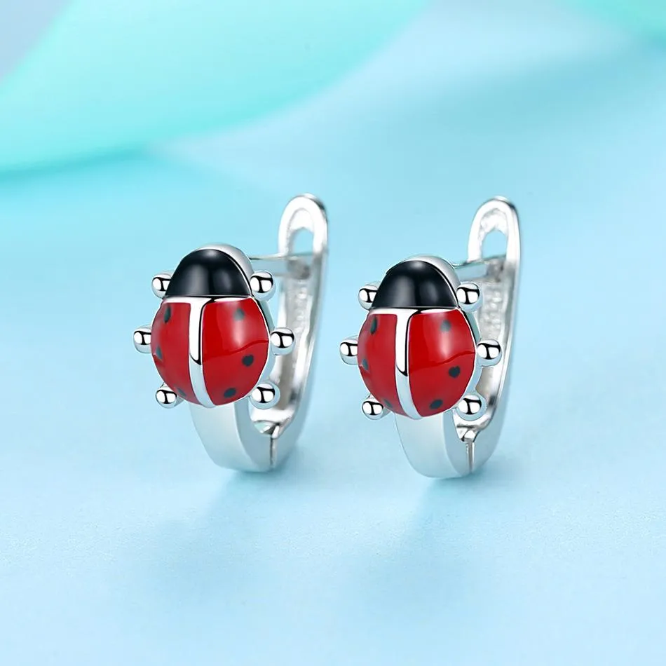 YE3229 925 Sterling Silver Ladybug Hoop Earrings