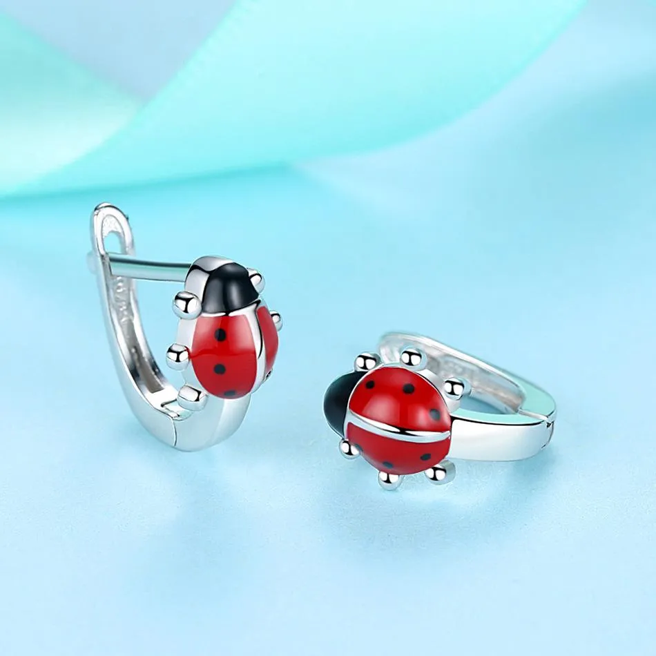 YE3229 925 Sterling Silver Ladybug Hoop Earrings