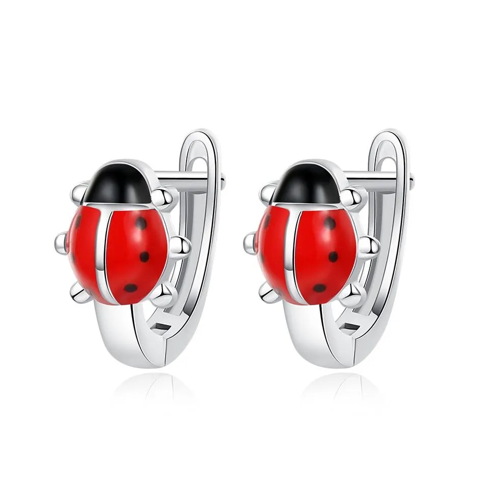 YE3229 925 Sterling Silver Ladybug Hoop Earrings